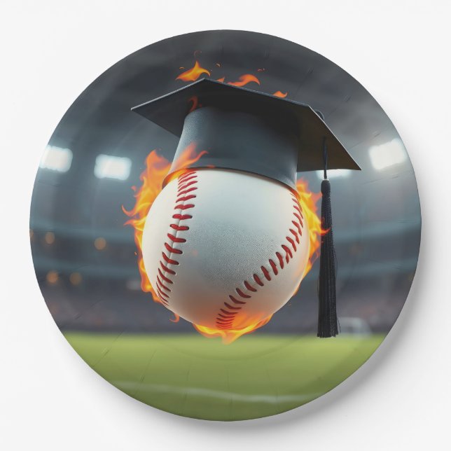 Black Graduation Cap On a Flaming Baseball Paper Plates (Front)