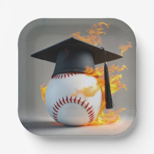 Black Graduation Cap On a Flaming Baseball Paper Plates
