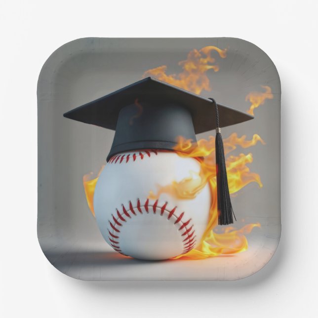 Black Graduation Cap On a Flaming Baseball Paper Plates (Front)