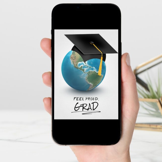 Black graduation cap on globe card (Front Digital)