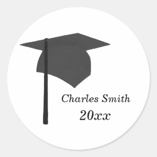 Black Graduation Cap Stickers, Personalized Classic Round Sticker