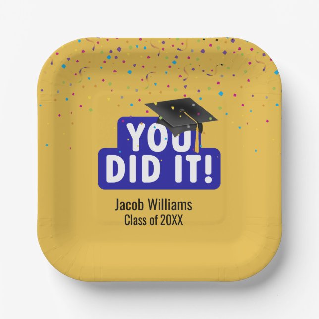 Black Graduation Cap With Confetti Paper Plates (Front)