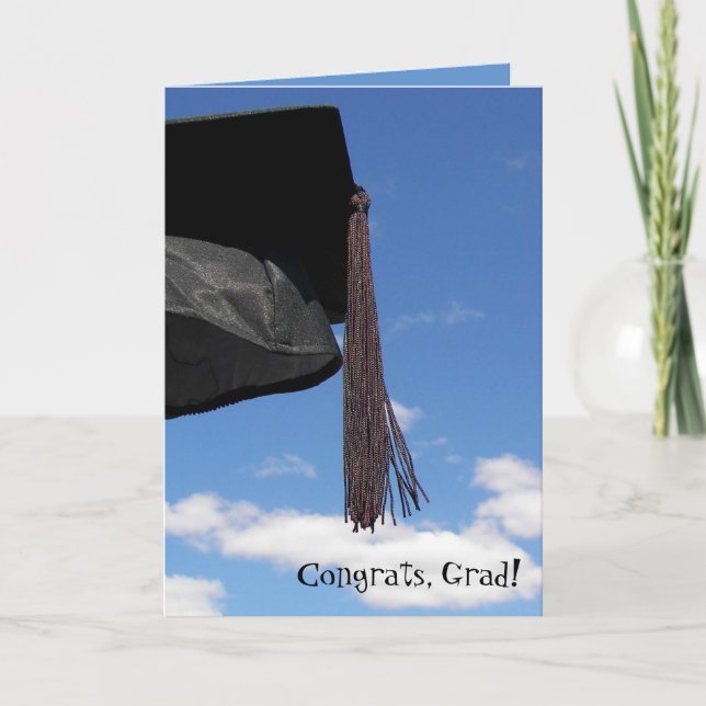 black graduation cap with tassel in sky card (Front)
