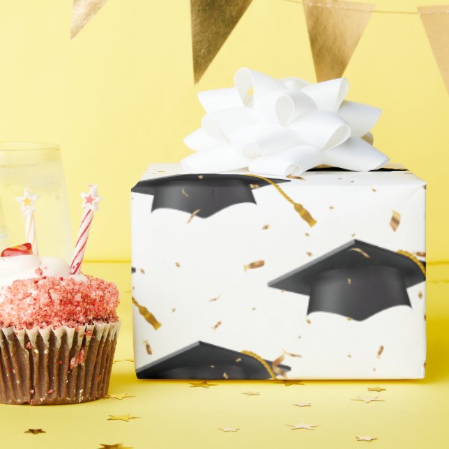 Black Graduation Caps and Gold Confetti   Wrapping Paper (Birthday Party)