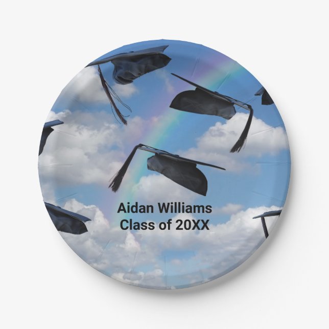 Black graduation caps in sky with rainbow paper plates (Front)