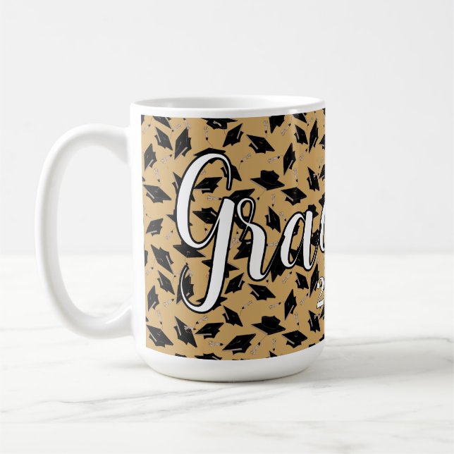 Black Graduation Caps on Tan Personalize Grad Year Coffee Mug (Left)