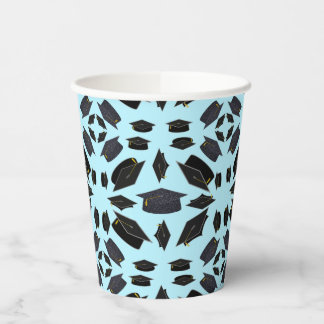 Black Graduation Caps Tossed In Air Graduate Paper Cups