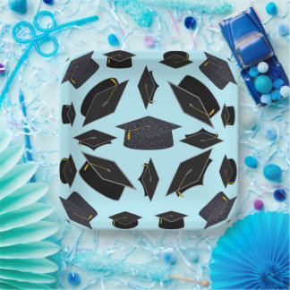 Black Graduation Caps Tossed In Air Graduate Paper Plates