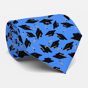Black Graduation Caps Tossed in the Air on Blue Neck Tie