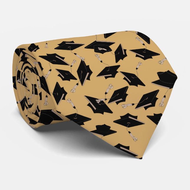 Black Graduation Caps Tossed in the Air on Tan Neck Tie (Rolled)