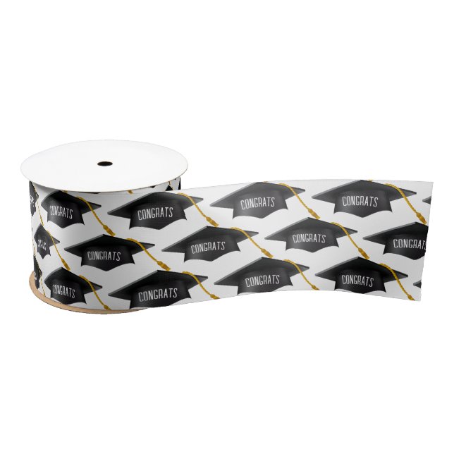 Black Graduation Caps with Congrats Text Satin Ribbon (Spool)