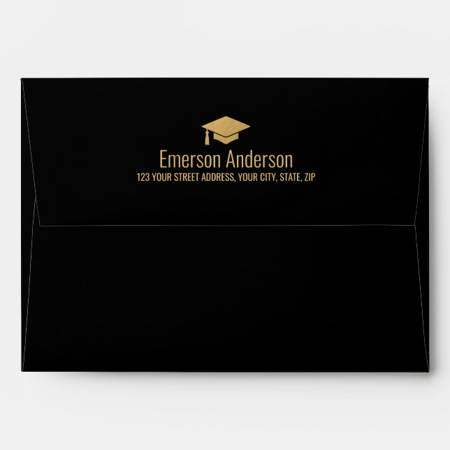 Black graduation envelope with golden graduate hat (Back (Top Flap))