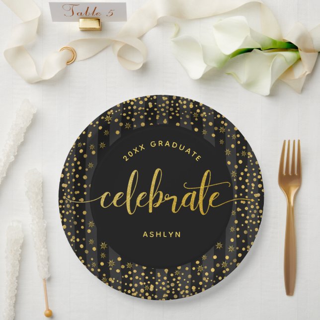 Black graduation gold glitter script confetti name paper plates (Wedding)