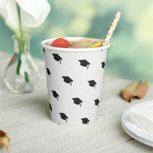 Black Graduation Hat On White Modern Grad Party Paper Cups
