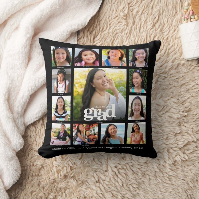 Black Graduation K–12 Bold Modern Photo Collage Throw Pillow (Blanket)