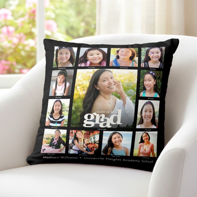 Black Graduation K–12 Bold Modern Photo Collage Throw Pillow (Creator Uploaded)