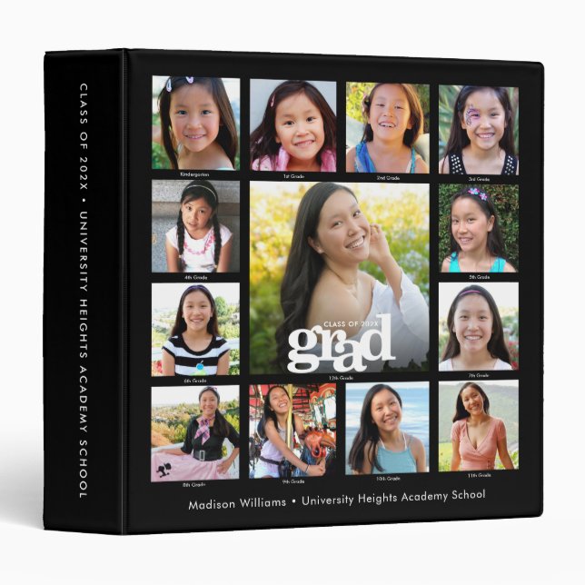 Black Graduation K–12 Modern Bold Photo Collage 3 Ring Binder (Front/Spine)