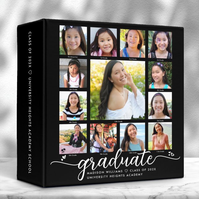 Black Graduation K–12 Modern Script Photo Collage  3 Ring Binder (Creator Uploaded)