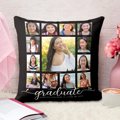 Black Graduation K12 Modern Script Photo Collage  Throw Pillow