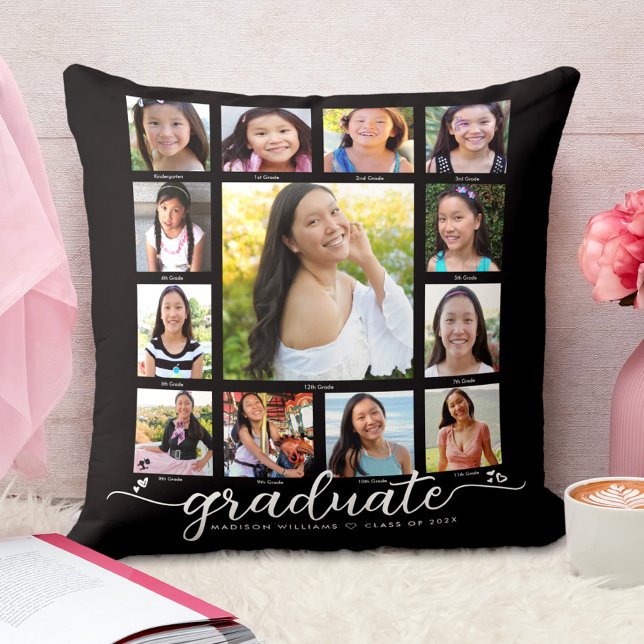 Black Graduation K–12 Modern Script Photo Collage  Throw Pillow (Creator Uploaded)