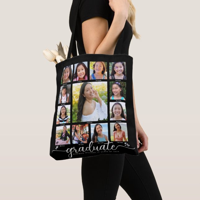 Black Graduation K–12 Modern Script Photo Collage Tote Bag (Close Up)