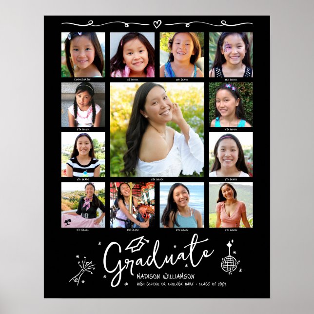 Black Graduation K–12 Photo Collage White Doodles Poster (Front)