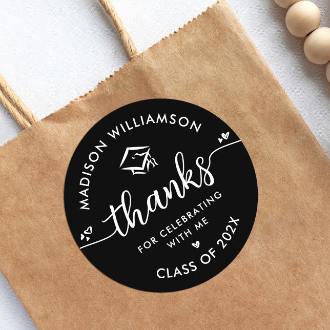 Black Graduation Modern Thank You Script Heart Cap Classic Round Sticker (Creator Uploaded)