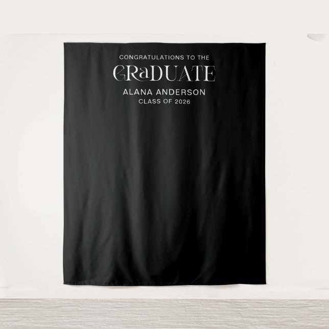 Black Graduation Party Modern Backdrop with Name (Front)