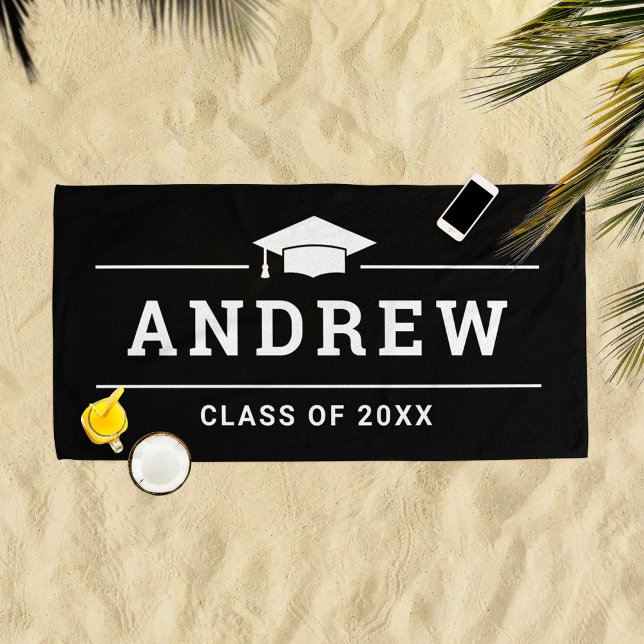 Black Graduation Party Personalized Name Beach Towel (Creator Uploaded)