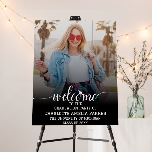 Black Graduation Party Welcome & Modern Photo 2025 Foam Board (In Situ (Stand))