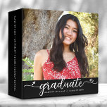 Black Graduation Photo Album Modern Script Hearts  3 Ring Binder<br><div class="desc">Let your favorite grad be proud, rejoice and showcase their milestone with this stunning keepsake scrapbook custom photo memory album. A fun, playful visual of white script handwriting and cute, playful hearts, along with her name, class year, and photo of your choice, overlay a black background. Personalize the custom text...</div>