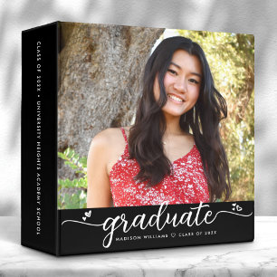 Black Graduation Photo Album Modern Script Hearts 3 Ring Binder