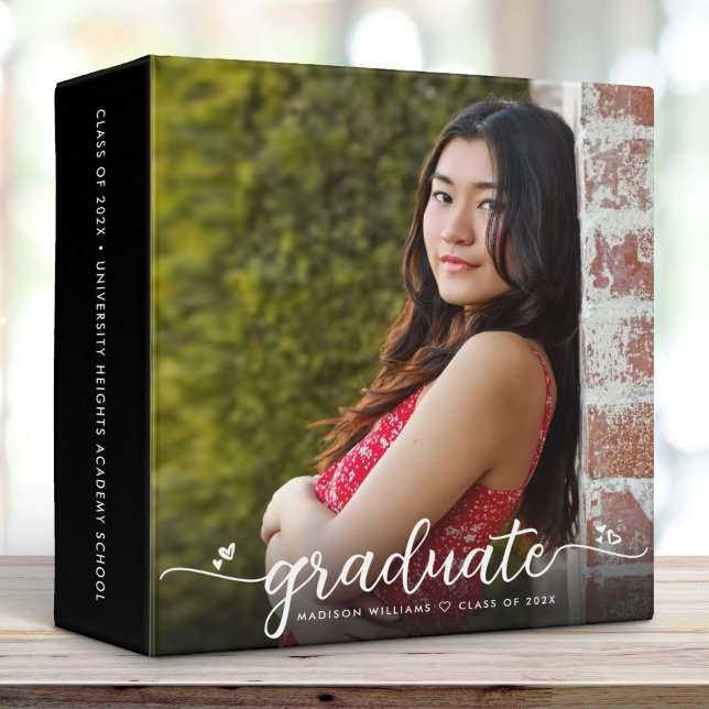 Black Graduation Photo Album Stylish Script Hearts 3 Ring Binder (Creator Uploaded)
