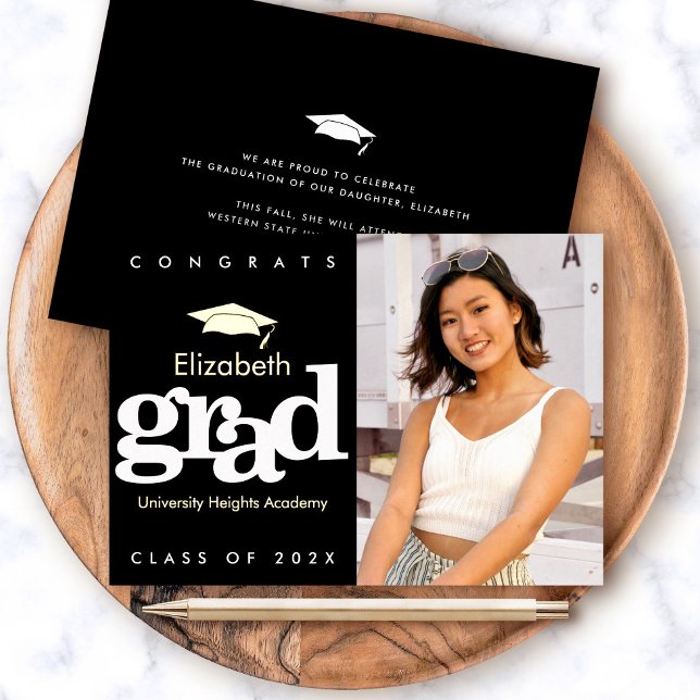 Black graduation photo bold typography real gold foil invitation (Creator Uploaded)