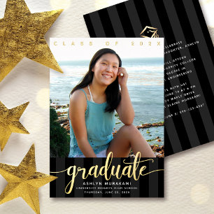 Black Graduation Photo Elegant Script Real Gold Foil Invitation