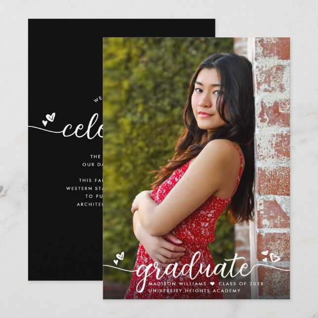 Black Graduation Photo Modern Calligraphy Hearts Announcement (Front/Back)