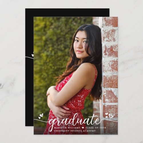 Black Graduation Photo Modern Calligraphy Hearts Announcement