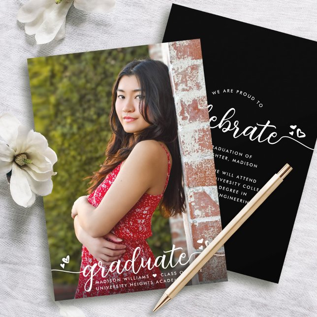 Black Graduation Photo Modern Calligraphy Hearts Announcement (Creator Uploaded)