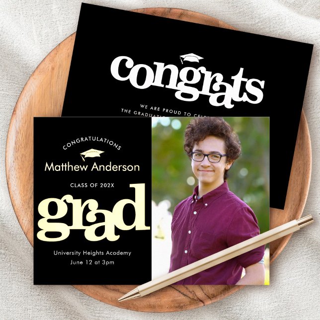 Black graduation photo modern typography real gold foil invitation (Creator Uploaded)