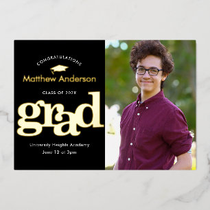 Black graduation photo modern typography real gold foil invitation