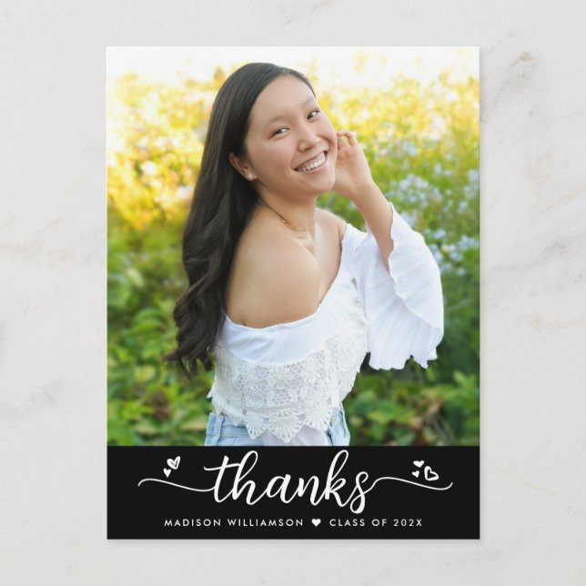 Black Graduation Photo Script Hearts Thank You Postcard (Front)
