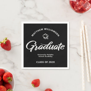 Black Graduation White Bold Retro Script Cap Icon Napkins