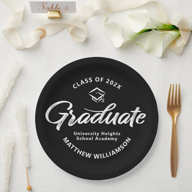 Black Graduation White Bold Retro Script Cap Icon Paper Plates (Wedding)