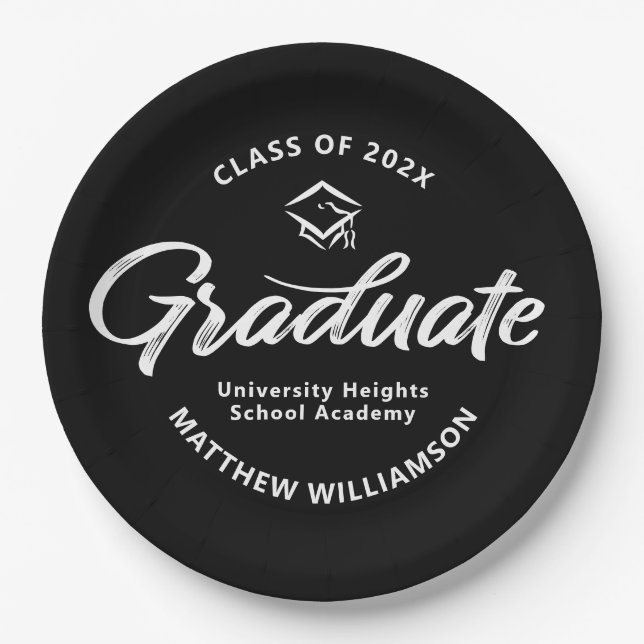 Black Graduation White Bold Retro Script Cap Icon Paper Plates (Front)