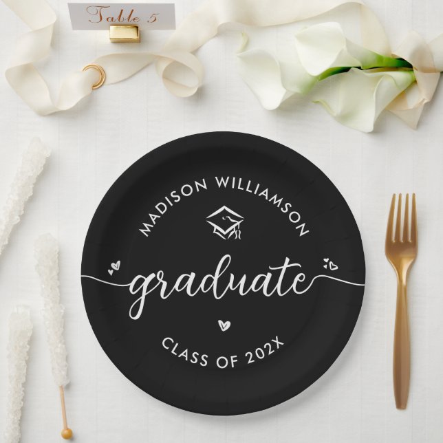 Black Graduation White Modern Script Hearts Cap Paper Plates (Wedding)