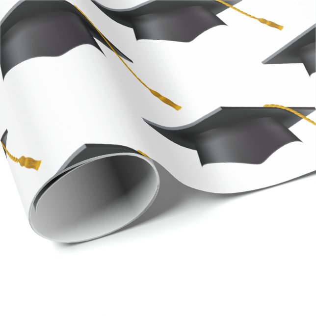 Black Graduations Caps on White Wrapping Paper (Roll Corner)