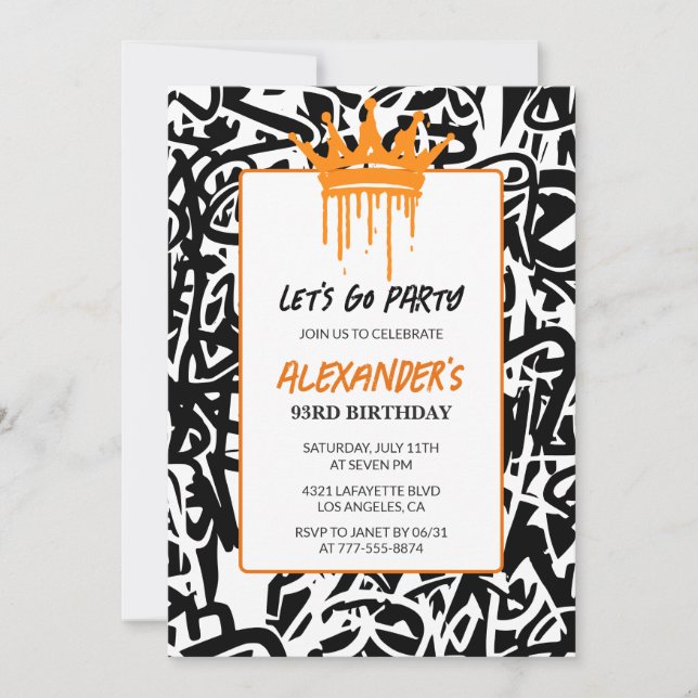 Black Graffiti Men 93rd birthday invitation   (Front)