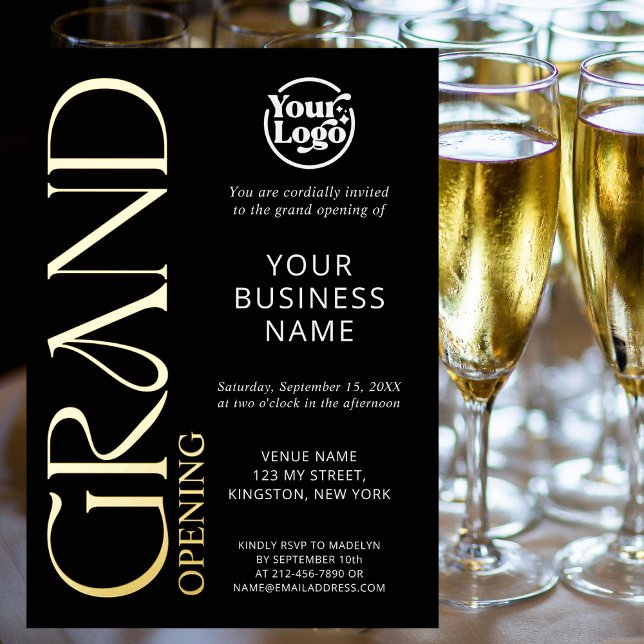 Black Grand Opening Business Logo Modern  Foil Invitation (Creator Uploaded)