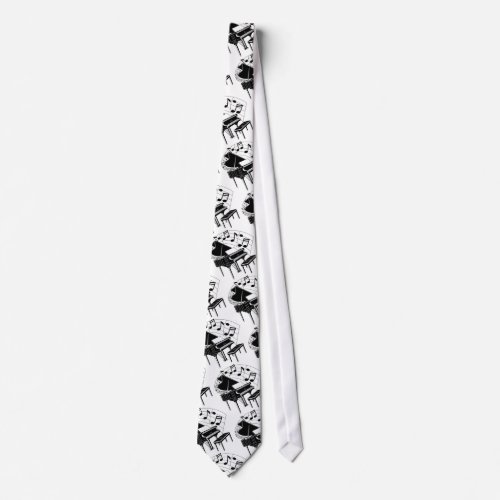 Black Grand Piano wBlack Flowing Notes on a Neck Tie