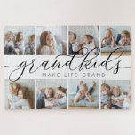 Black | Grandkids Make Life Grand Photo Collage Jigsaw Puzzle<br><div class="desc">Create a sweet gift for a beloved grandma or grandpa with this beautiful photo collage plaque. "Grandkids make life grand" appears in the center in black and gray calligraphy script lettering. Customize with eight photos of their grandchildren.</div>